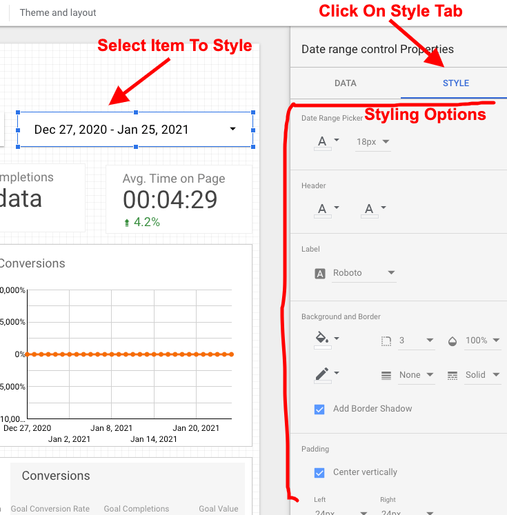 Google Data Studio Style Tab