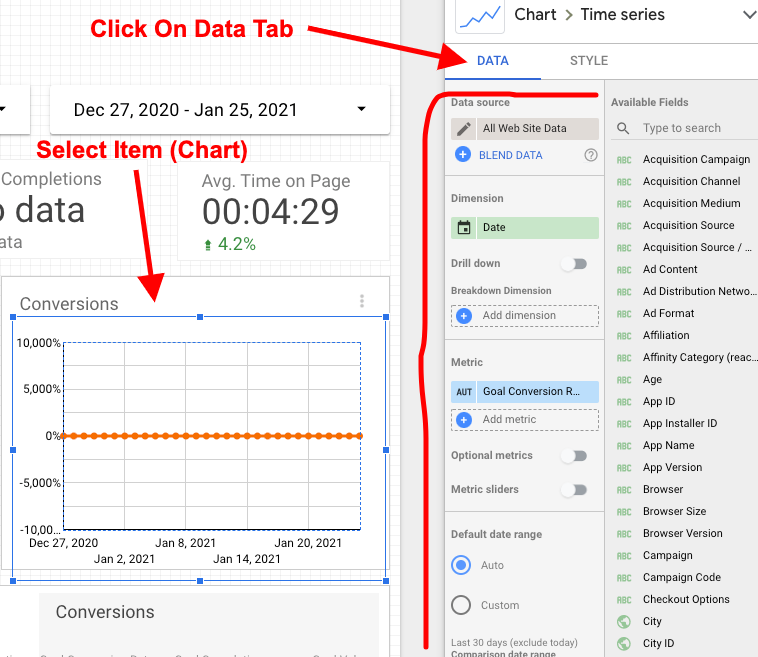 Google Data Studio Data Tab